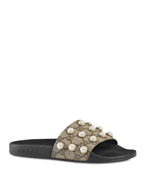 gucci women's pursuit pearl stud pool slide sandals - tan/beige|gucci slides women's.